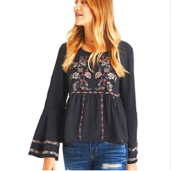 American Eagle Womens Shirt Size Small Embroidered Top Bell Sleeve Boho - Picture 8 of 8